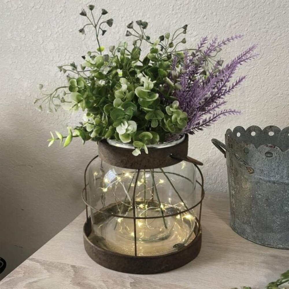 New Vintage Glass Farmhouse Vase, Rustic Lantern Decor with Plants & Lights